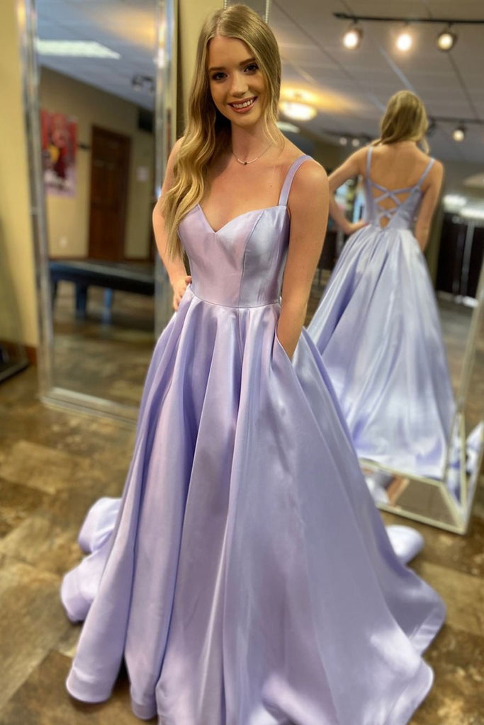 Elegant A-Line Spaghetti Straps Lavender Satin Long Prom Dress with Pockets, Lavender Formal Graduation Evening Dress