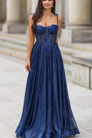Elegant A Line Open Back Navy Blue Long Prom Dress, Long Dark Blue Formal Graduation Evening Dress A1734
