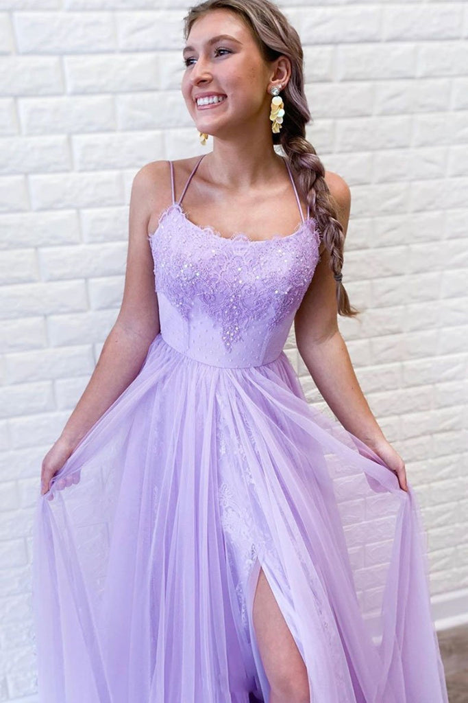 Elegant A Line Spaghetti Straps Purple Lace Long Prom Dress with High abcprom Elegant A Line Spaghetti Straps Purple Lace Long Prom Dress with High abcprom
