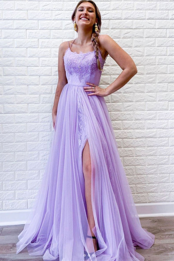 Elegant A Line Spaghetti Straps Purple Lace Long Prom Dress with High Slit, Purple Lace Formal Dress, Purple Evening Dress