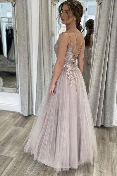 Elegant Backless Gray Lace Long Prom Dress with Thin Straps, Open Back Gray Formal Dress, Gray Lace Evening Dress