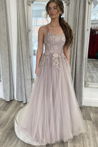 Elegant Backless Gray Lace Long Prom Dress with Thin Straps, Open Back Gray Formal Dress, Gray Lace Evening Dress