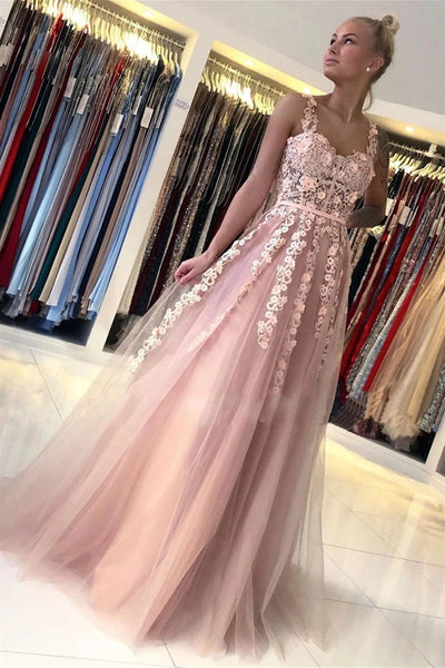 Elegant Backless Long Pink Lace Floral Prom Dress, Pink Lace Formal Graduation Evening Dress