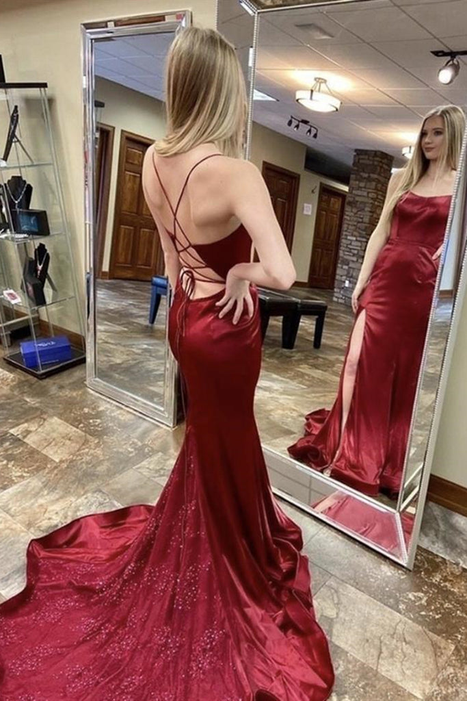 Elegant Backless Mermaid Burgundy Satin Long Prom Dress, Mermaid Burgundy Formal Graduation Evening Dress Elegant Backless Mermaid Burgundy Satin Long Prom Dress, Mermaid Burgundy Formal Graduation Evening Dress