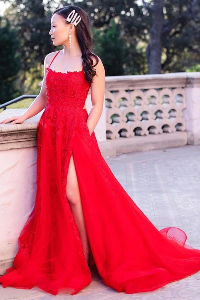 Elegant Backless Red Lace Long Prom Dress with Train, Red Lace Formal Dress, Red Evening Dress