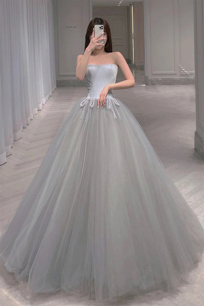 Elegant Gray Tulle Long Prom Dress, Strapless Gray Formal Evening Dress, Grey Ball Gown A1574