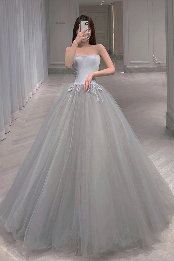 Elegant Gray Tulle Long Prom Dress, Strapless Gray Formal Evening Dres abcprom Elegant Gray Tulle Long Prom Dress, Strapless Gray Formal Evening Dres abcprom