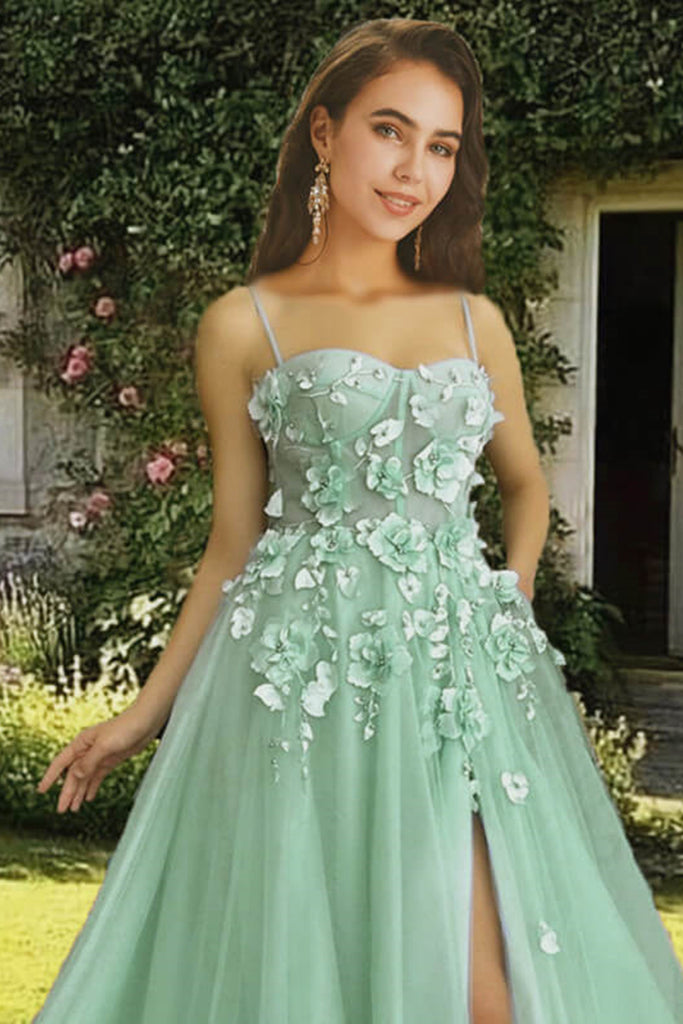 Elegant Green Floral Lace Long Prom Dress with High Slit, Long Green F abcprom Elegant Green Floral Lace Long Prom Dress with High Slit, Long Green F abcprom