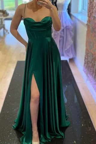 Elegant Green Satin Long Prom Dress with High Slit, Long Green Formal Graduation Evening Dress A1608