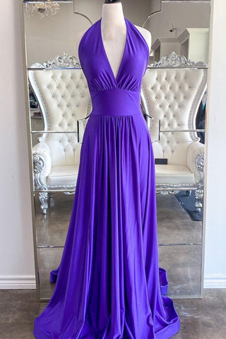 Elegant Halter Neck Backless Purple Long Prom Dress, Backless Purple Formal Graduation Evening Dress A1486