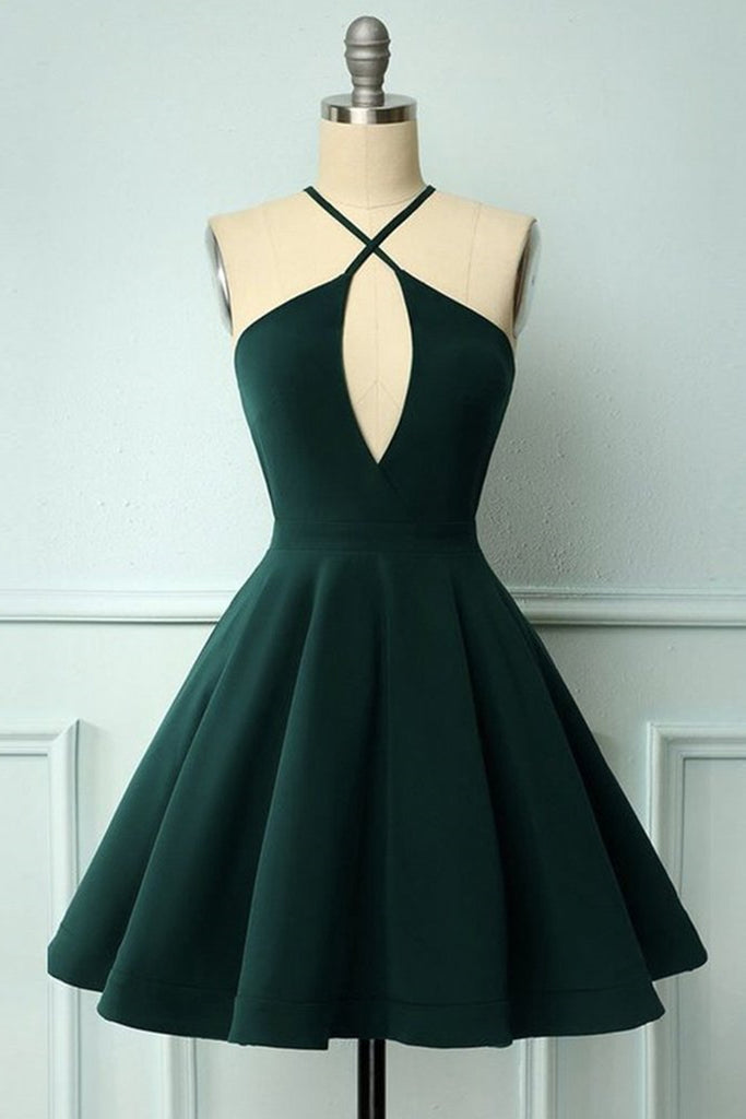 Elegant Halter Neck Dark Green Short Prom Dress, Dark Green Formal Graduation Homecoming Dress