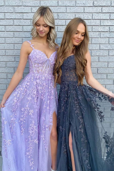 Elegant Ivory/Purple/Black/Mint Green Lace Tulle Long Prom Dress with High Slit, Lace Formal Graduation Evening Dress A1529