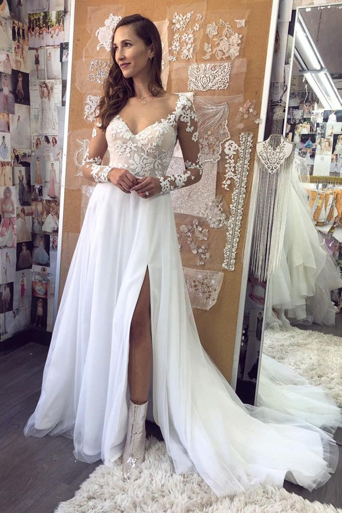 Elegant Long Sleeves White Lace Long Prom Dress, White Lace