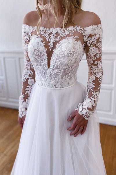 Elegant Long Sleeves White Lace Wedding Dress, White Lace Long Prom Dress, White Formal Evening Dress