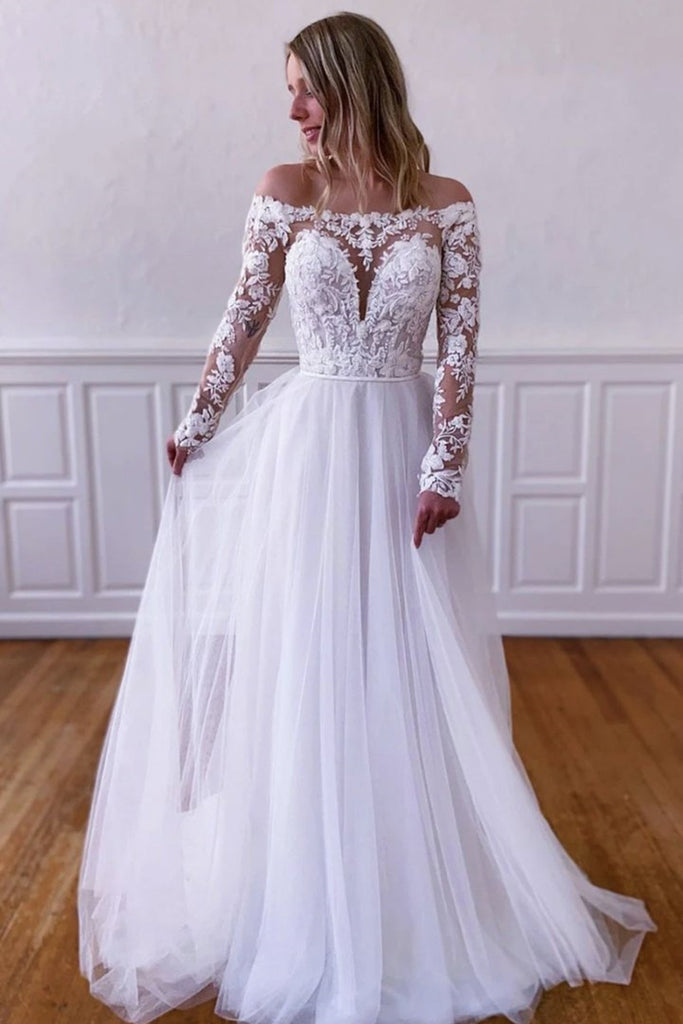 Elegant Long Sleeves White Lace Wedding Dress, White Lace Long Prom Dress,  White Formal Evening Dress