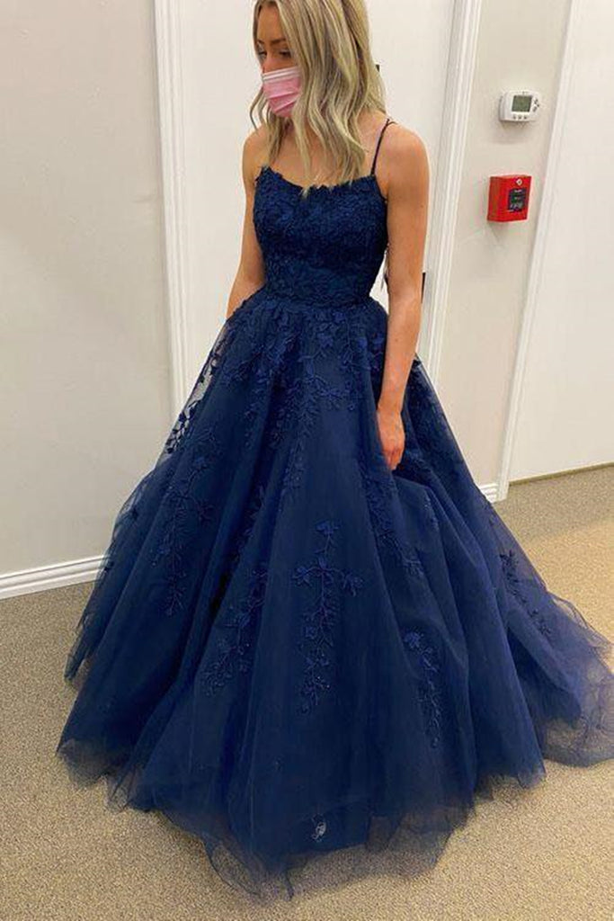 Elegant Navy Blue Tulle Lace Appliques Long Prom Dress, Navy Blue Lace Formal Evening Dress, Navy Blue Ball Gown A1367