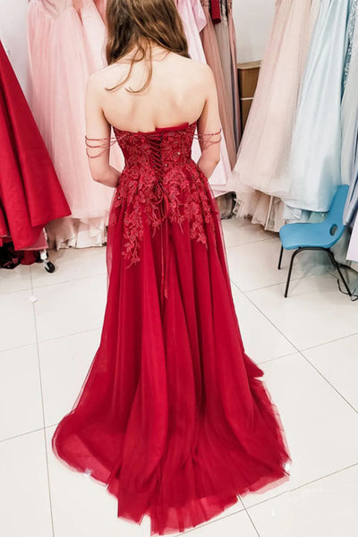 Elegant Off Shoulder Burgundy Lace Long Prom Dress with High Slit, Burgundy Lace Formal Dress, Burgundy Tulle Evening Dress A1471