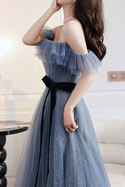 Elegant Off Shoulder Gray Blue Long Prom Dresses, Off the Shoulder Blue Gray Formal Dresses, Tulle Evening Dresses A1844