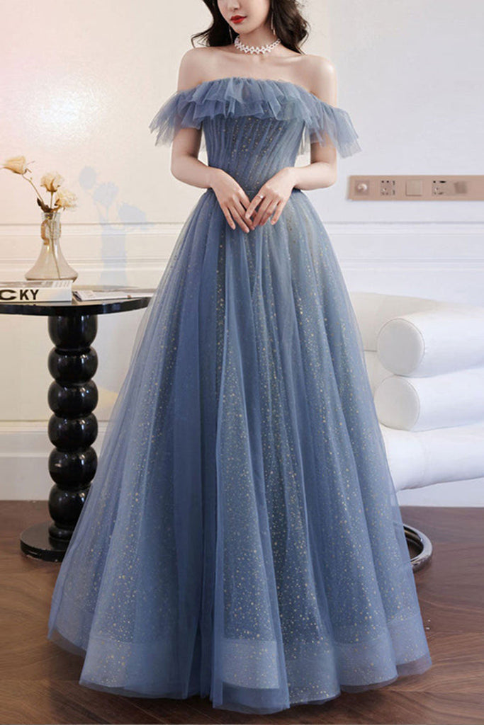 Elegant Off Shoulder Gray Blue Long Prom Dresses, Off the Shoulder Blue Gray Formal Dresses, Tulle Evening Dresses A1844