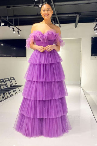 Elegant Off Shoulder Layered Purple Tulle Long Prom Dress, Purple Formal Graduation Evening Dress A1755