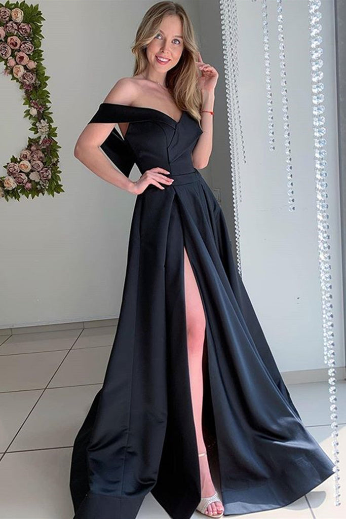 Elegant Off Shoulder Long Black Prom Dress with High Slit, Off the Shoulder Black Formal Dress, Black Evening Dress