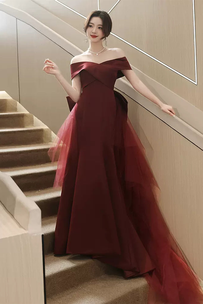 Elegant Off Shoulder Mermaid Burgundy Long Prom Dress, Mermaid Burgund abcprom Elegant Off Shoulder Mermaid Burgundy Long Prom Dress, Mermaid Burgund abcprom