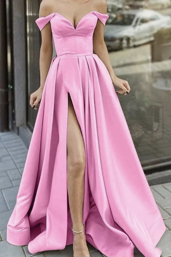 Elegant Off Shoulder Pink Satin Long Prom Dresses with High Slit, Off the Shoulder Pink Formal Dresses, Pink Evening Dresses