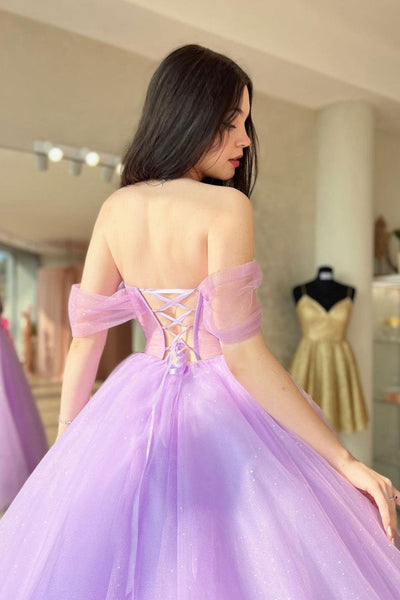 Elegant Off Shoulder Purple Tulle Long Prom Dress, Off the Shoulder Lilac Formal Dress, Lilac Evening Dress A1738