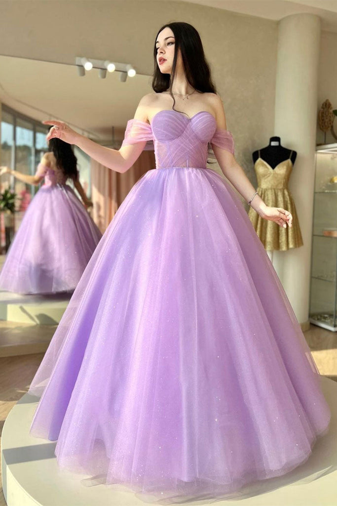 Prom Dress Elegant Purple Ball Gown Elegant Off Shoulder Purple Tulle Long Prom Dress, Off The Prom Dress Elegant Purple Ball Gown Elegant Off Shoulder Purple Tulle Long Prom Dress, Off The