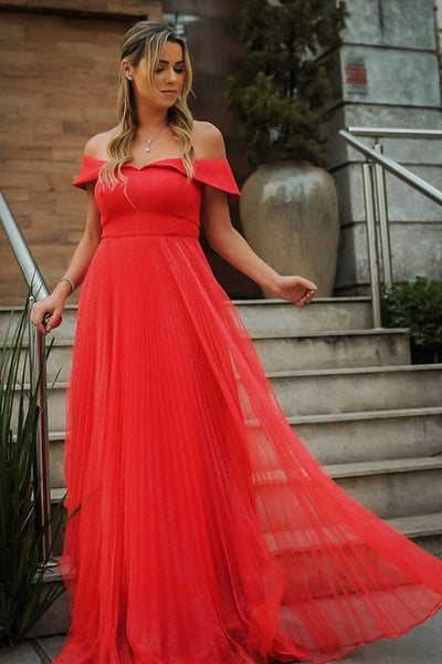 Elegant Off Shoulder Red Tulle Long Prom Dress, Off the Shoulder Red Formal Evening Dress