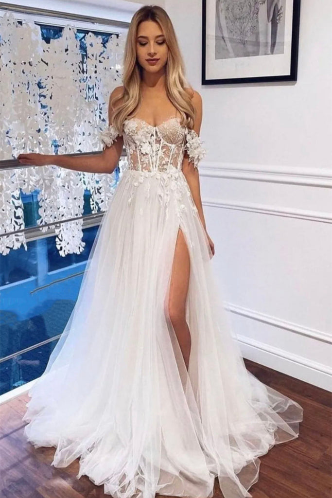 Elegant Off Shoulder White Lace Tulle Long Prom Dress with High Slit, abcprom Elegant Off Shoulder White Lace Tulle Long Prom Dress with High Slit, abcprom