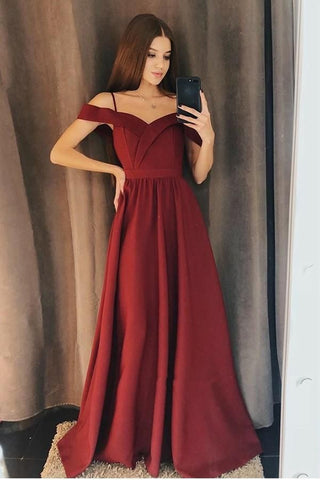 Elegant Off the Shoulder Burgundy Satin Long Prom Dress, Off Shoulder Burgundy Formal Graduation Evening Dress