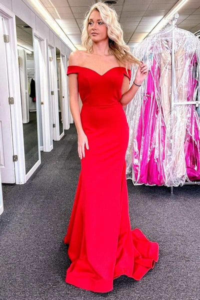 Elegant Off the Shoulder Mermaid Red Long Prom Dress with Train, Off Shoulder Red Formal Graduation Evening Dress A1547