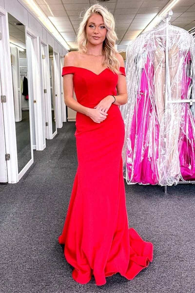 Elegant Off the Shoulder Mermaid Red Long Prom Dress with Train, Off Shoulder Red Formal Graduation Evening Dress A1547