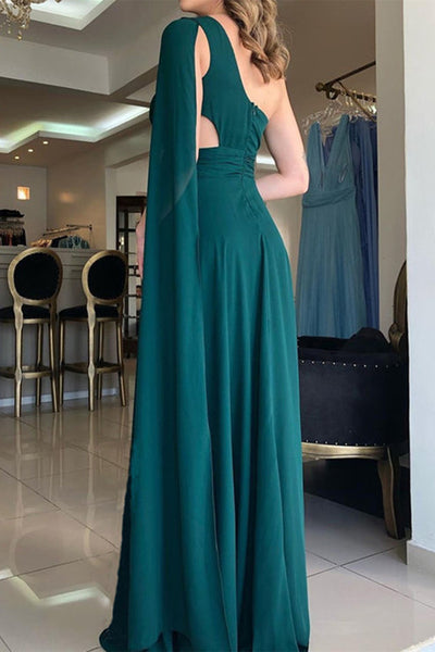Elegant One Shoulder Green Chiffon Long Prom Dress with High Slit, One Shoulder Green Formal Graduation Evening Dress A1456