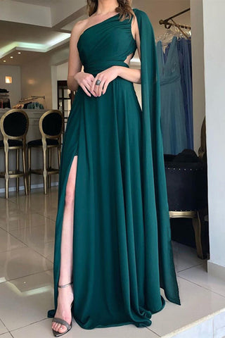 Elegant One Shoulder Green Chiffon Long Prom Dress with High Slit, One Shoulder Green Formal Graduation Evening Dress A1456