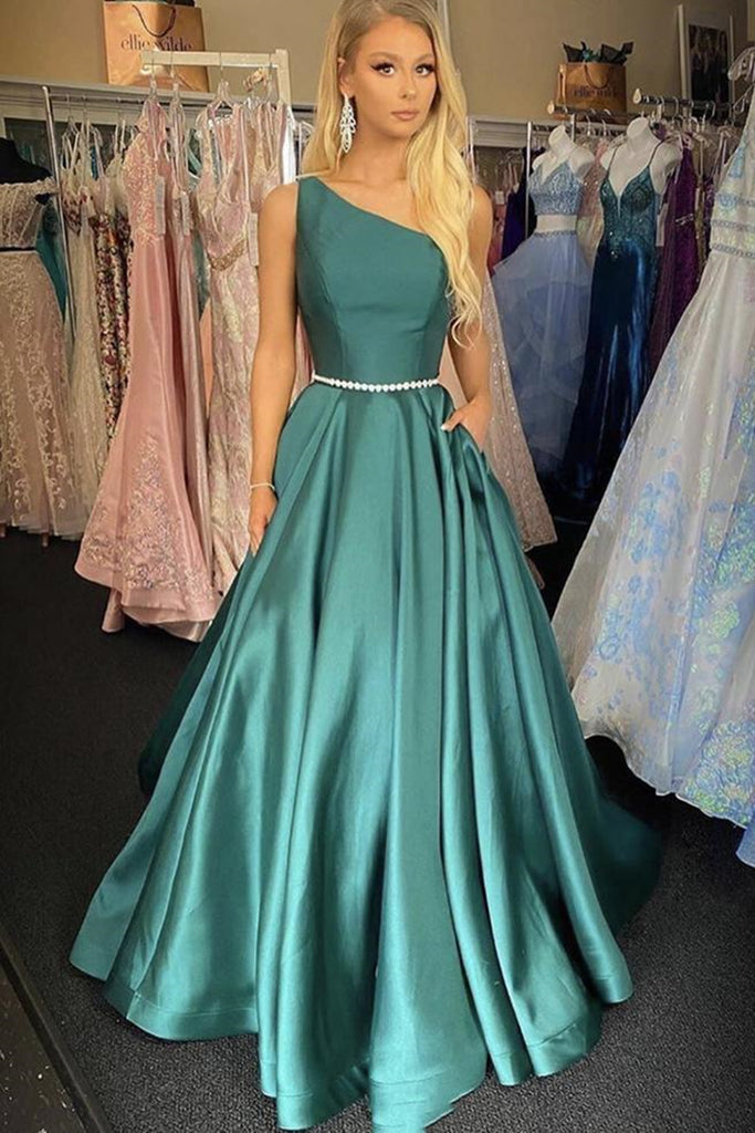 Elegant One Shoulder Green Satin Long Prom Dresses with Belt, One Shou abcprom Elegant One Shoulder Green Satin Long Prom Dresses with Belt, One Shou abcprom