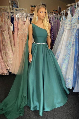 Elegant One Shoulder Green Satin Long Prom Dresses with Belt, One Shoulder Green Formal Graduation Evening Dress A1537
