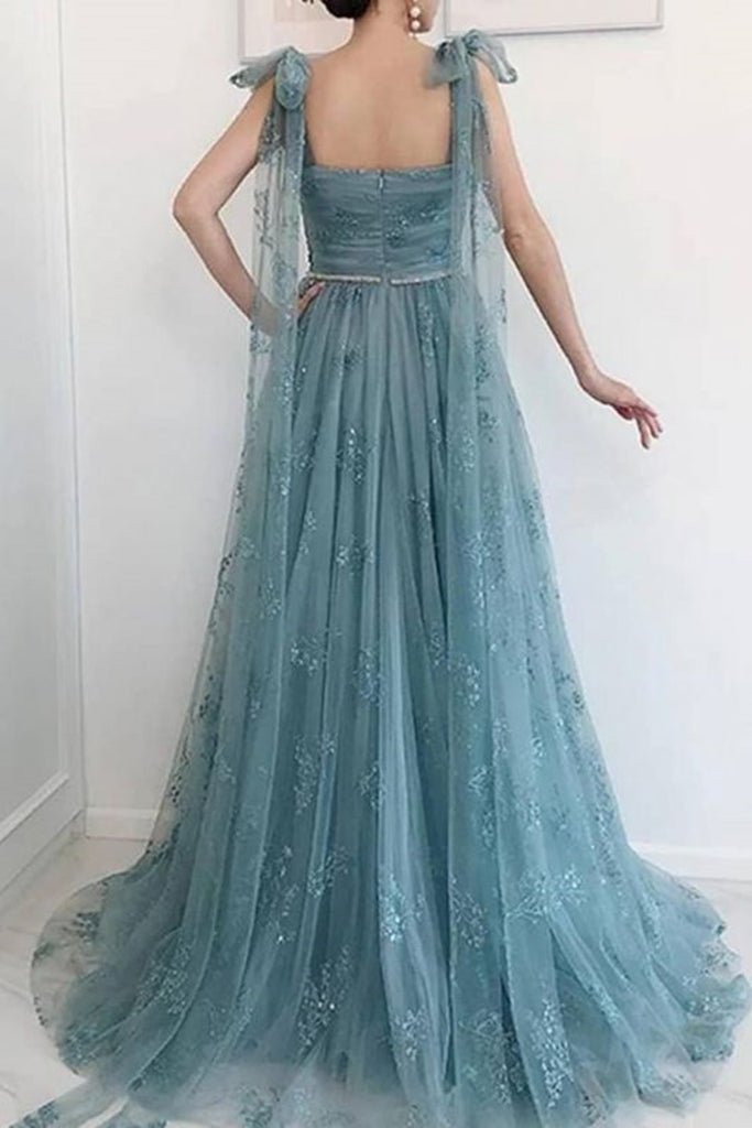 Elegant Open Back Dusty Blue Lace Long Prom Dress with High Slit, Long abcprom Elegant Open Back Dusty Blue Lace Long Prom Dress with High Slit, Long abcprom