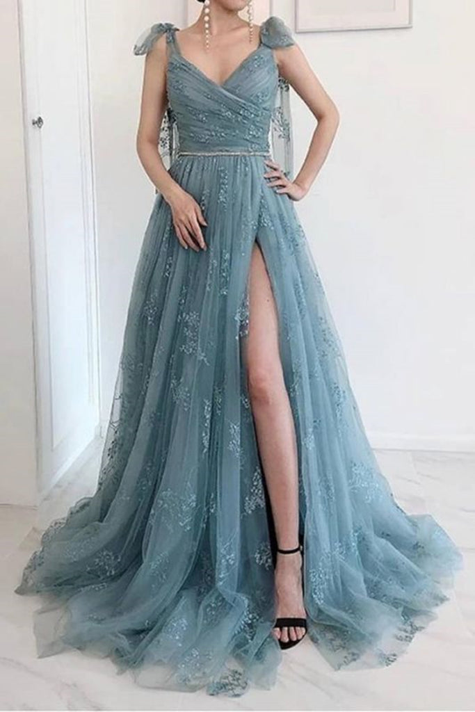 Elegant Open Back Dusty Blue Lace Long Prom Dress with High Slit, Long abcprom Elegant Open Back Dusty Blue Lace Long Prom Dress with High Slit, Long abcprom