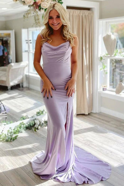 Elegant Open Back Lavender Satin Long Prom Dress with High Slit, Mermaid Lavender Formal Graduation Evening Dress A1565
