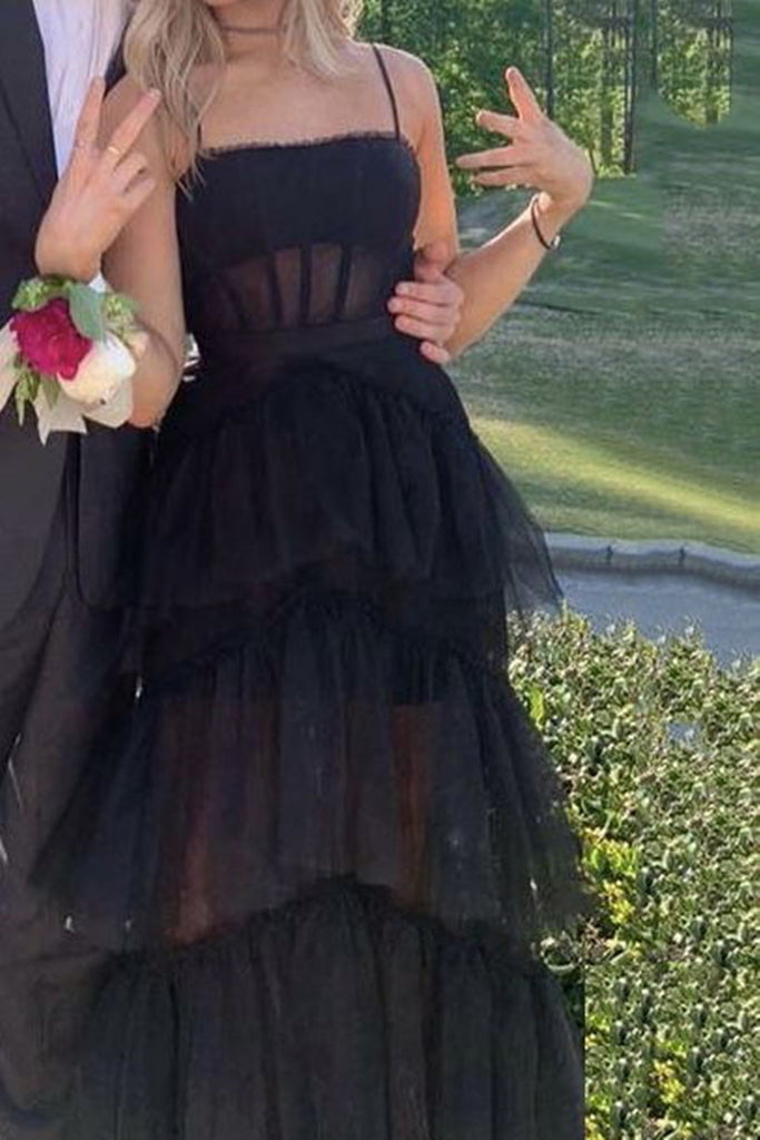 Elegant Open Back Layered Black Tulle Long Prom Dress, Black Tulle For abcprom Elegant Open Back Layered Black Tulle Long Prom Dress, Black Tulle For abcprom