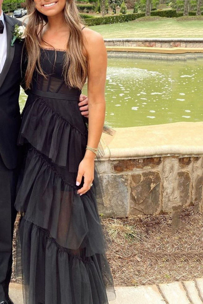 Elegant Open Back Layered Black Tulle Long Prom Dress, Black Tulle For abcprom Elegant Open Back Layered Black Tulle Long Prom Dress, Black Tulle For abcprom
