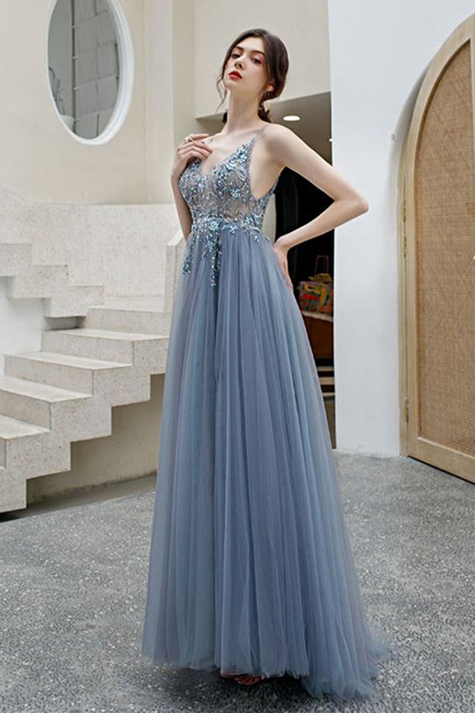 Elegant V Neck Backless Grey Long Beaded Prom Dress with Slit, Backles abcprom Elegant V Neck Backless Grey Long Beaded Prom Dress with Slit, Backles abcprom