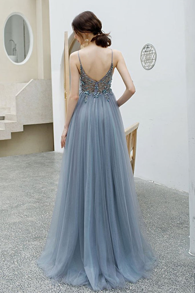 Elegant V Neck Backless Grey Long Beaded Prom Dress with Slit, Backles abcprom Elegant V Neck Backless Grey Long Beaded Prom Dress with Slit, Backles abcprom