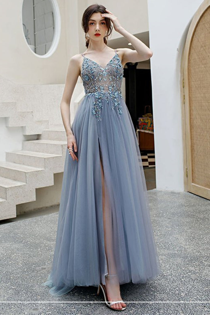 Elegant V Neck Backless Grey Long Beaded Prom Dress with Slit, Backles – abcprom