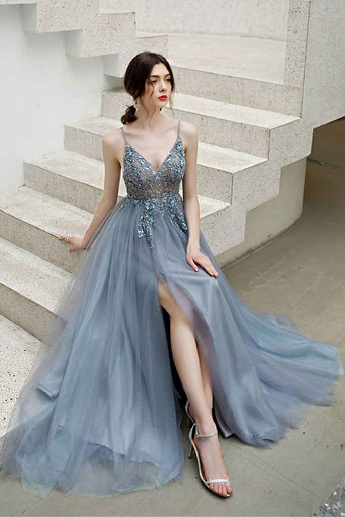 Elegant V Neck Backless Grey Long Beaded Prom Dress with Slit, Backles abcprom Elegant V Neck Backless Grey Long Beaded Prom Dress with Slit, Backles abcprom