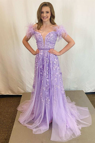 Elegant V Neck Off Shoulder Purple Lace Long Prom Dress with Belt, Off the Shoulder Purple Formal Dress, Purple Lace Evening Dress A1752