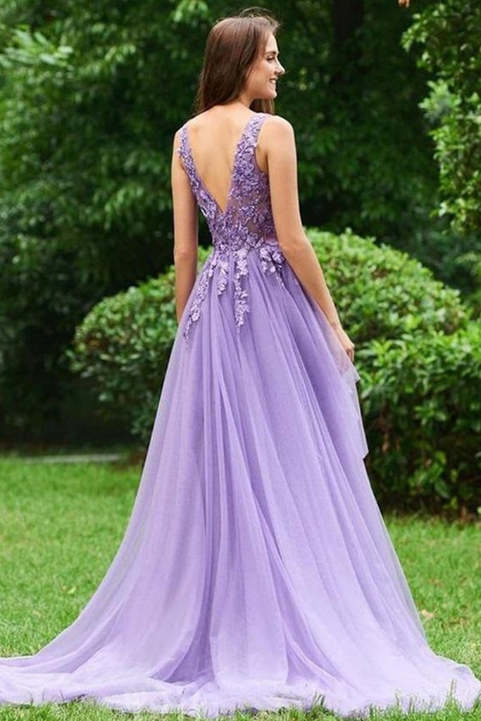 Elegant V Neck Purple Lace Tulle Long Prom Dress, V Neck Purple Formal abcprom Elegant V Neck Purple Lace Tulle Long Prom Dress, V Neck Purple Formal abcprom