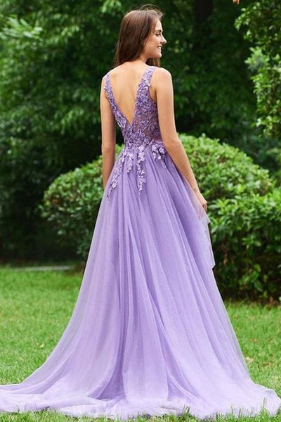 Elegant V Neck Purple Lace Tulle Long Prom Dress, V Neck Purple Formal Dress, Purple Lace Evening Dress A1439